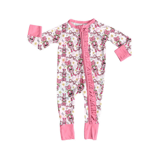 Preorder (moq 5) Baby Girls Bows Soldiers Christmas Two Way Ruffle Zip Convertible Rompers
