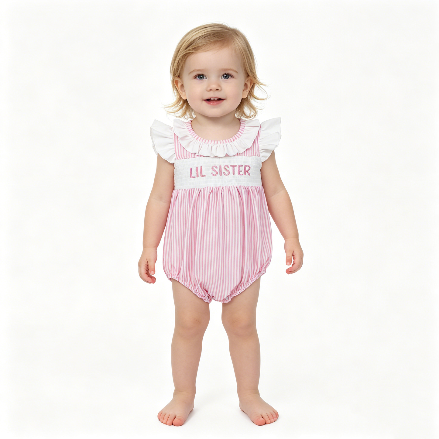Smocked Little Sister Baby Girls Pink Stripe Collar Ruffle Rompers