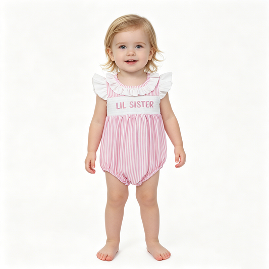 Smocked Little Sister Baby Girls Pink Stripe Collar Ruffle Rompers