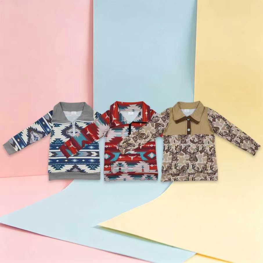 USA Shop Sibling Baby Boys Aztec Camo Deer Print Zip Button Pullovers Top