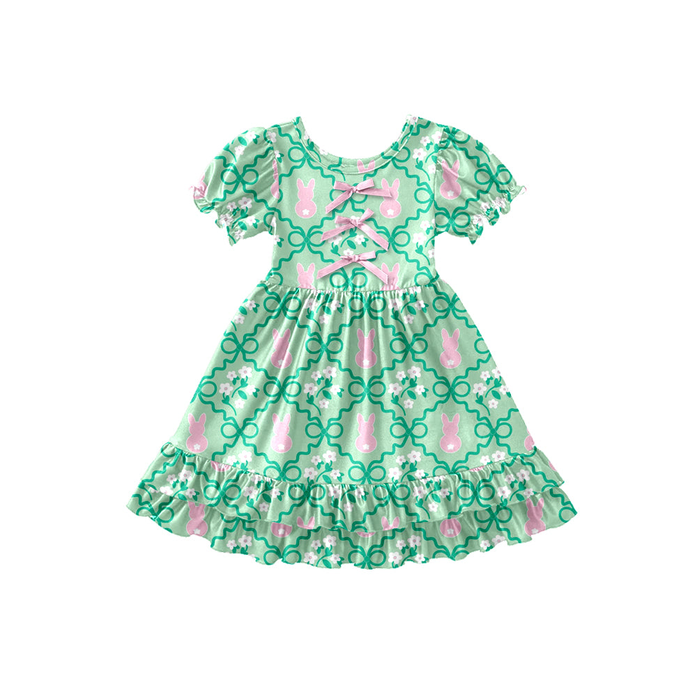 Preorder (moq 5)Baby Girls Rabbits Bows Checked Easter Ruffle Knee Length Dresses
