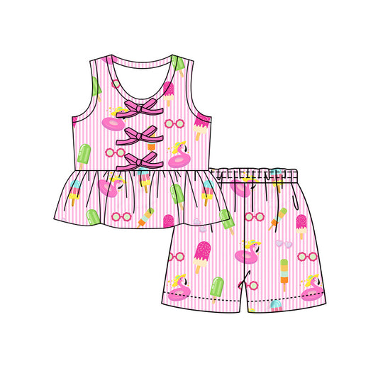 Preorder (moq 5)Baby Girls Pink Stripe Popsicle Button Tunic Shorts Clothes Set