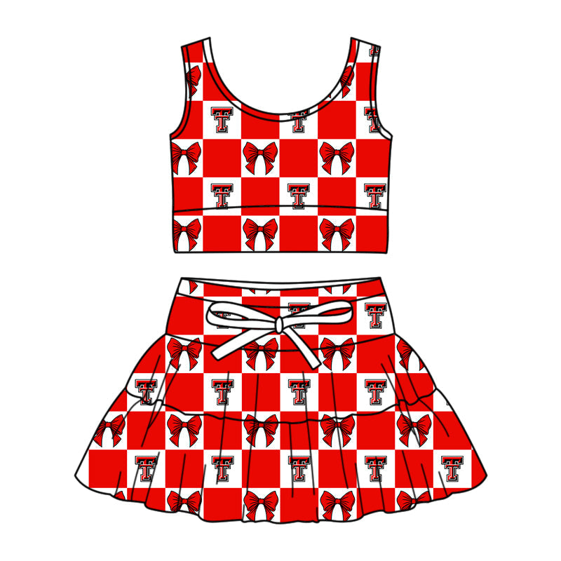 Preorder (moq 5)Baby Girls Red T Bows Checked Vest Top Skirt Short Team Clothes Sets