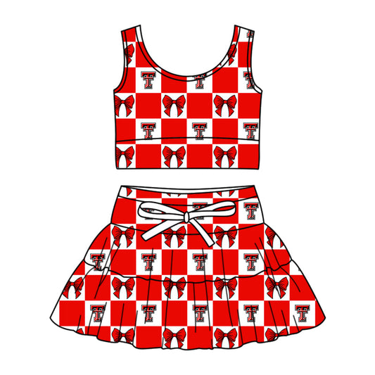 Preorder (moq 5)Baby Girls Red T Bows Checked Vest Top Skirt Short Team Clothes Sets