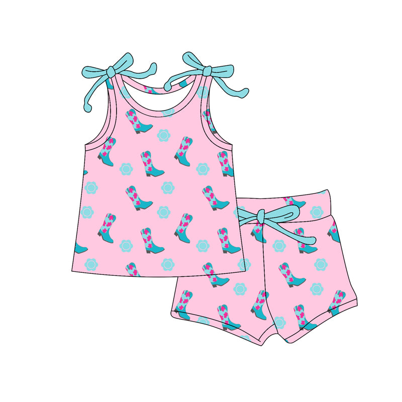 Preorder (moq 5)Baby Girls Blue Flowers Boots Top Shorts Western Clothes Sets
