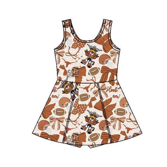 Preorder (moq 5)Baby Girls Bows Footballs Bull Skulls Team Shorts Knee Length Dresses