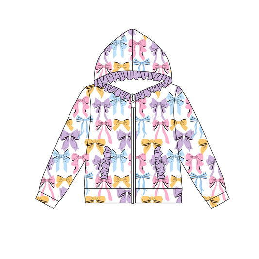 Preorder(moq 8)Baby Girls Colorful Bows Plaid Pocket Zipper Ruffle Hoodie Jackets