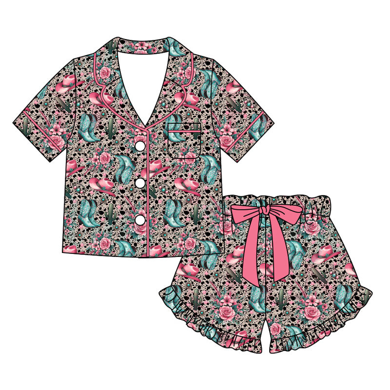 Preorder moq 5 Adult Women Turquoise Boot Hats Button Pocket Top Ruffle Short Western Pajamas Sets