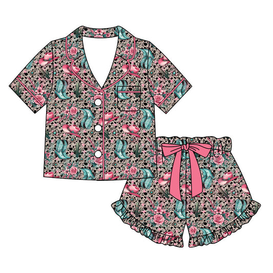 Preorder moq 5 Adult Women Turquoise Boot Hats Button Pocket Top Ruffle Short Western Pajamas Sets