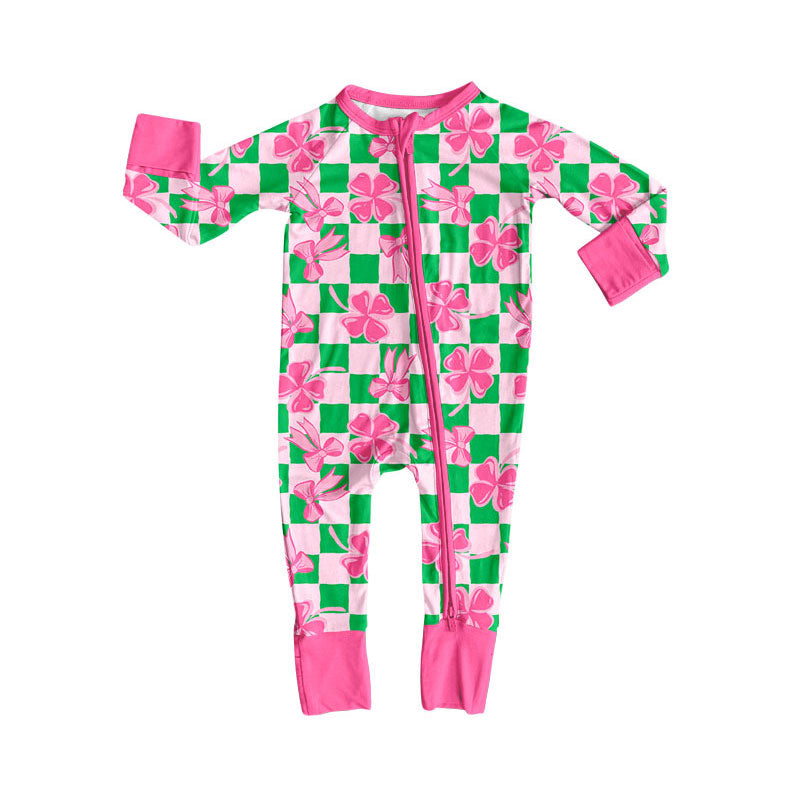 Preorder (moq 5)Baby Girls Bows Clovers Checked St Patrick Zipper Footie Rompers
