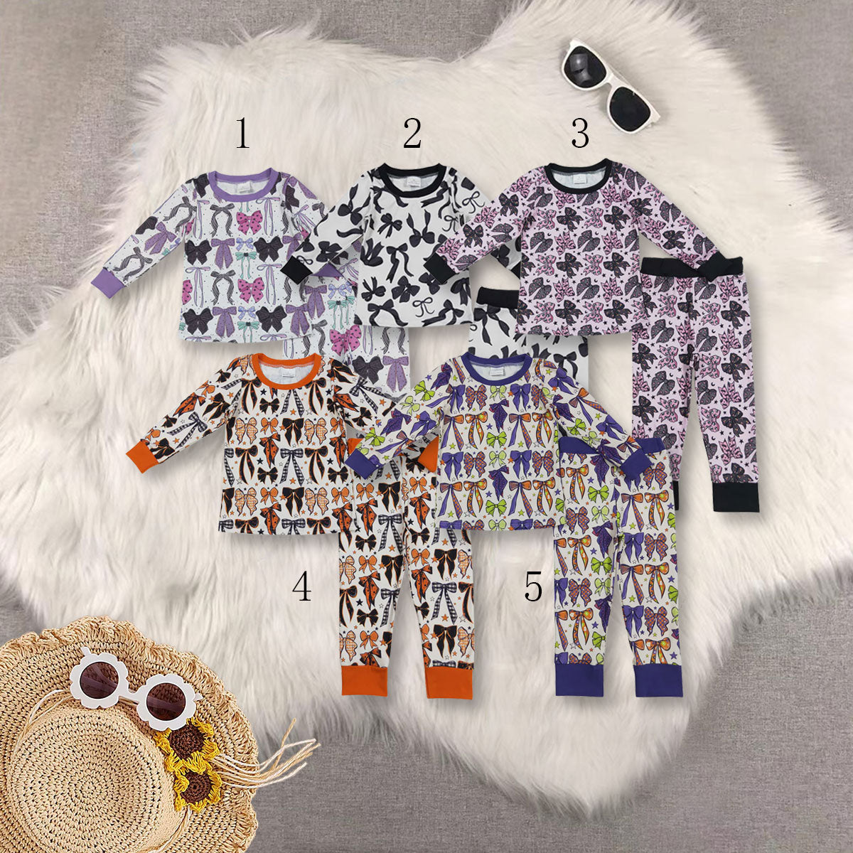 Sibling Baby Girls Colorful Bows Stars Top Pants Halloween Pajamas Clothes Sets