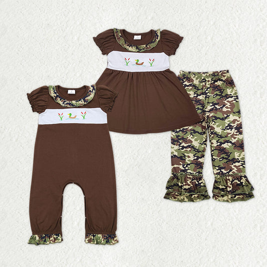 Sibling Baby Girls Embroidery Ducks Tunic Ruffle Pants Hunting Clothes Sets Pant Rompers