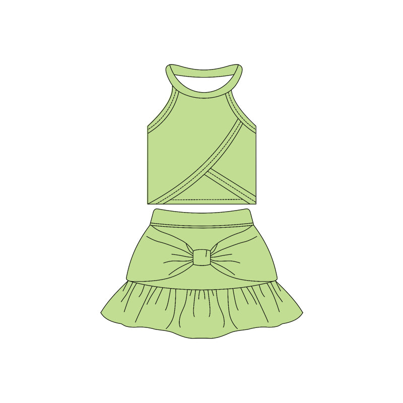Preorder moq 10 Baby Girls Green Sleeveless Vest Top Bow Ruffle Short Skirts Activity Wear Yoga Set