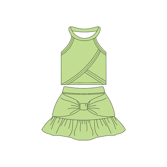Preorder moq 10 Baby Girls Green Sleeveless Vest Top Bow Ruffle Short Skirts Activity Wear Yoga Set
