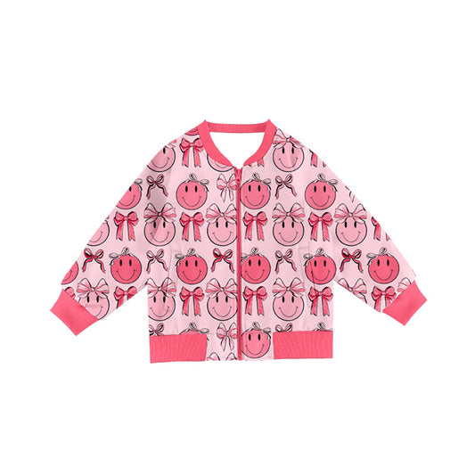 Preorder(moq 8)Baby Girls Long Sleeve Pink Bows Smiles Pockets Zip Jackets Top