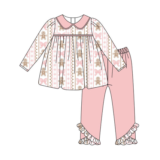 Preorder (moq 5)Baby Girls Bows Gingerbread Stripe Tunic Ruffle Pant Christmas Clothes Set