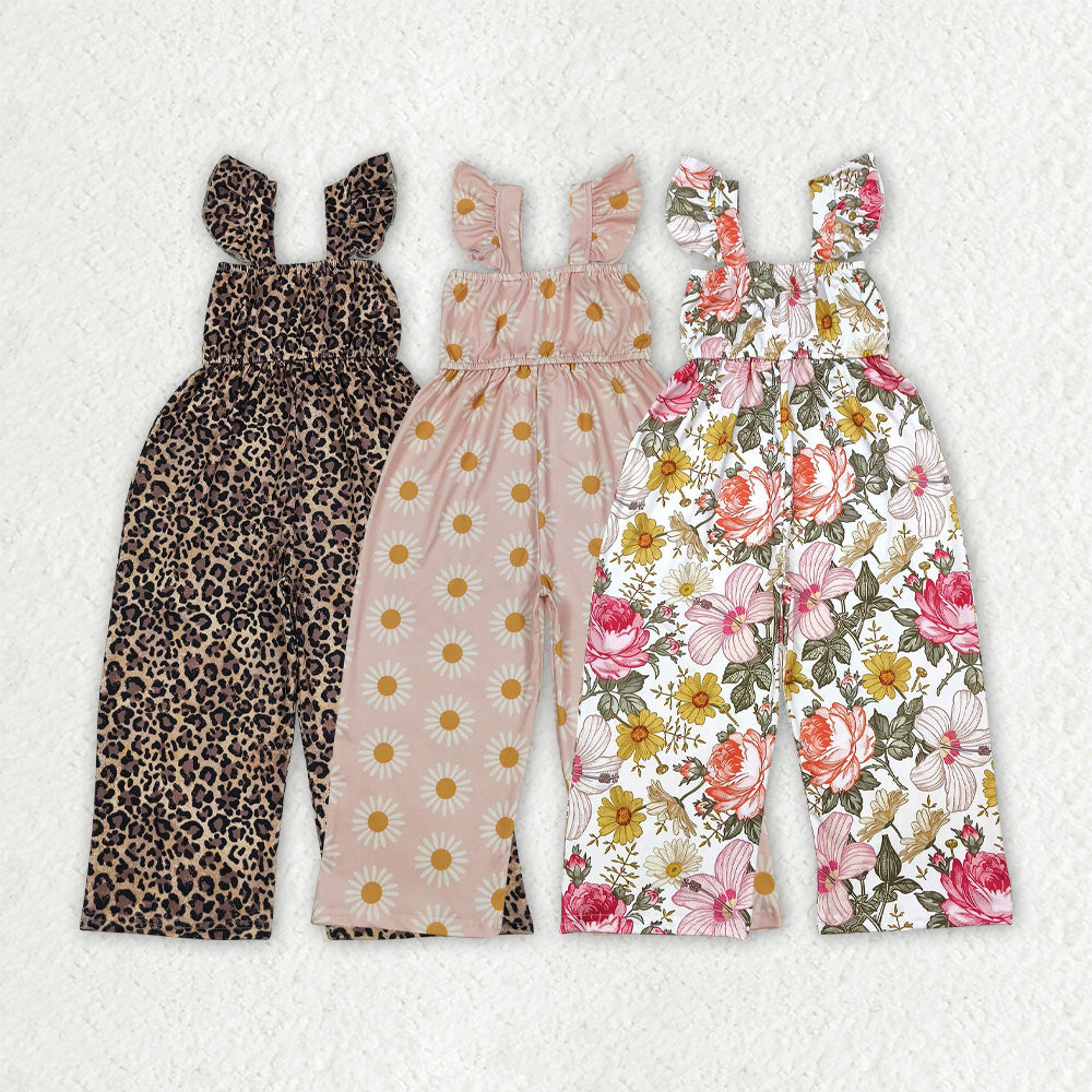 Sibling Baby Girls Flutter Sleeves Peach Daisy Flowers Leopard Bell Jumpsuits