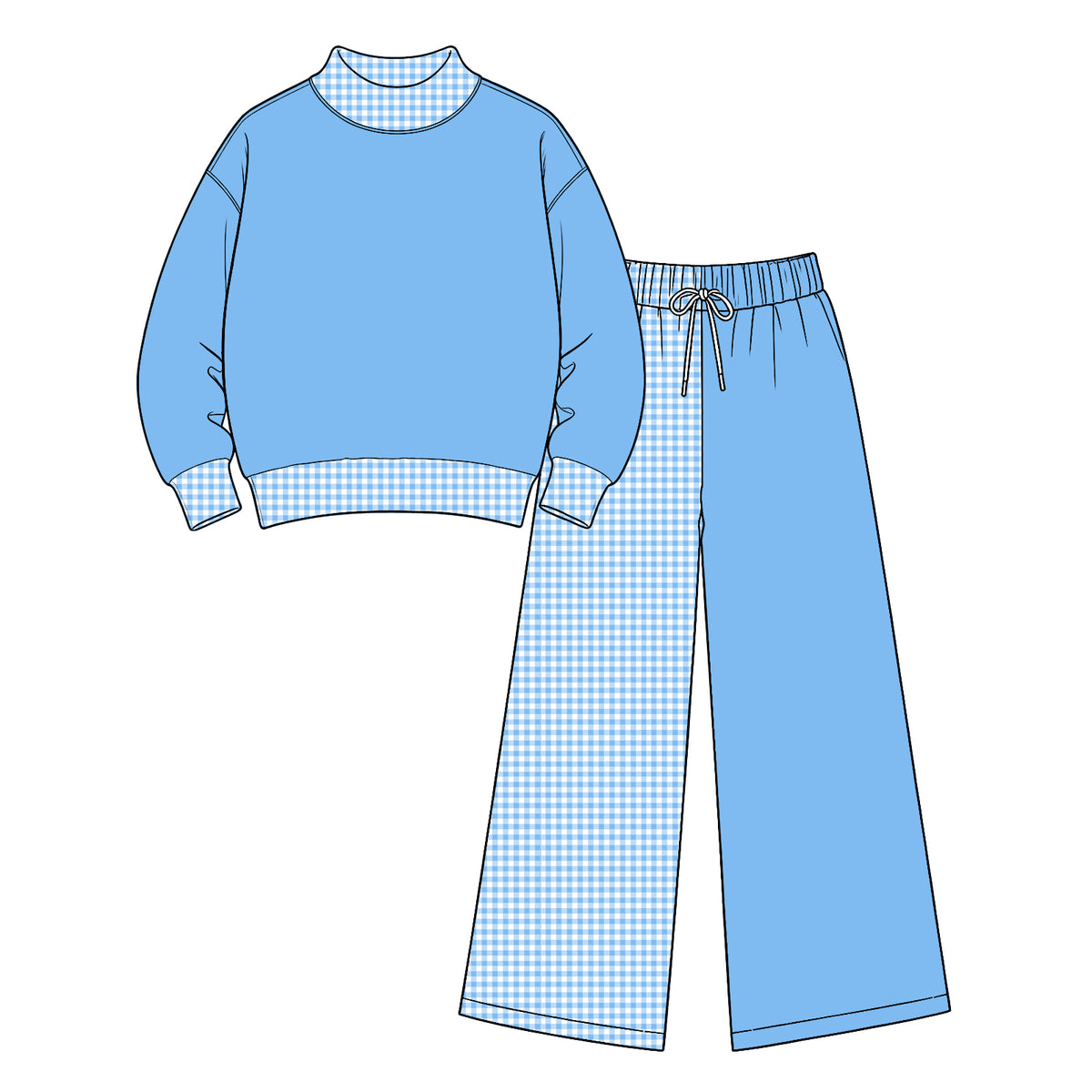 Preorder (moq 5) Baby Girl Clothes Solid Blue Gingham Contrast Print Long Sleeve Wide Leg Pant Boutique Outfit Set