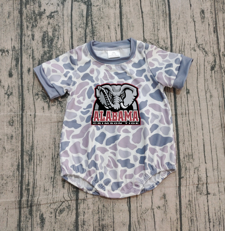 Preorder (moq 5)Baby Boys Grey Camo Elephant Alabama Team Rompers
