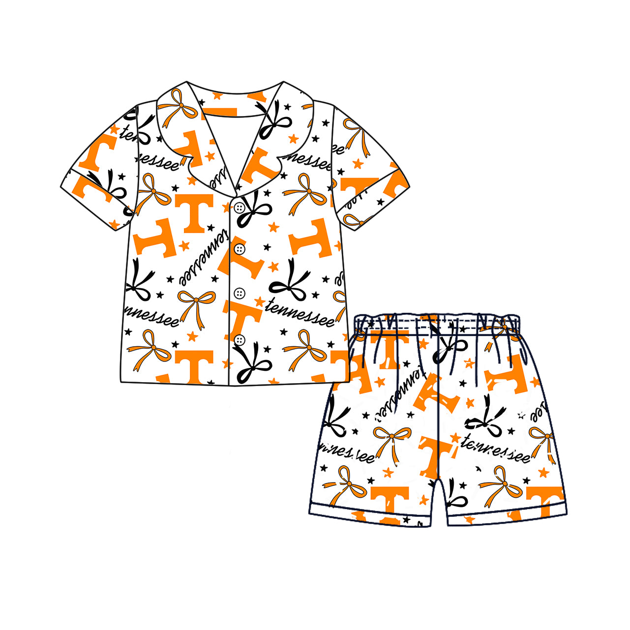 Preorder moq 5 Adult Women Short Sleeves Orange T Bows Stars Button Top Short Team Pajamas Set