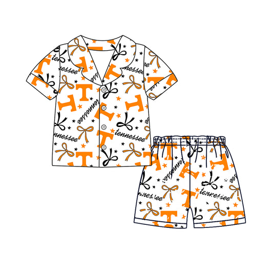 Preorder moq 5 Adult Women Short Sleeves Orange T Bows Stars Button Top Short Team Pajamas Set