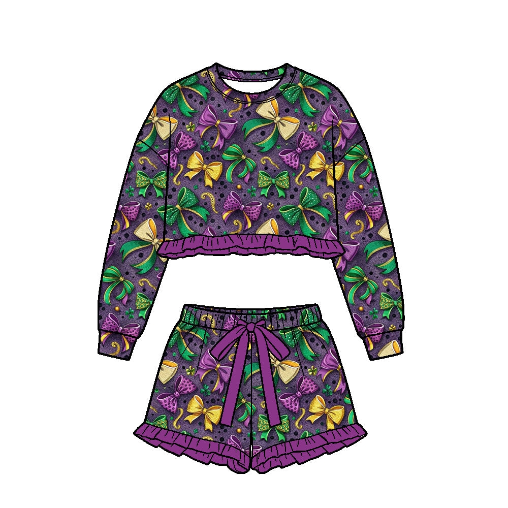 Preorder (moq5) Baby Girl Clothes Mardi Gras Bow Print Long‑Sleeve Ruffle Top Drawstring Shorts Set