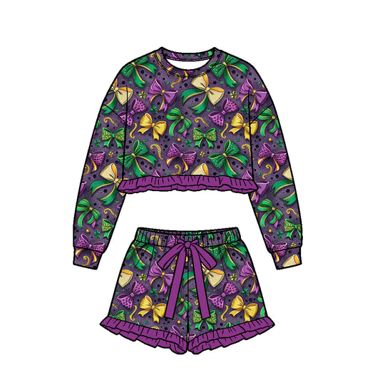 Preorder (moq5) Baby Girl Clothes Mardi Gras Bow Print Long‑Sleeve Ruffle Top Drawstring Shorts Set