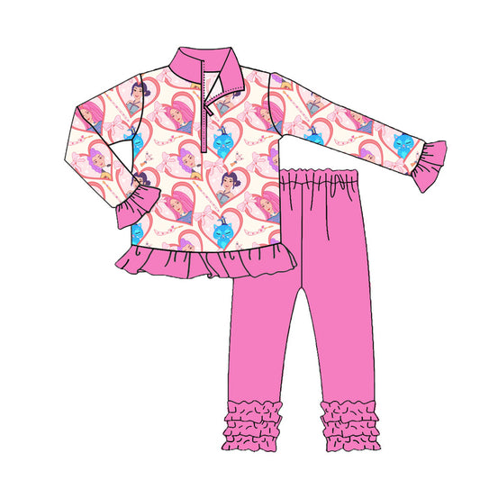 Preorder (moq 5)Baby Girls Pink Hearts Demon Hunter Zipper Pullovers Ruffle Leggings Clothes Sets
