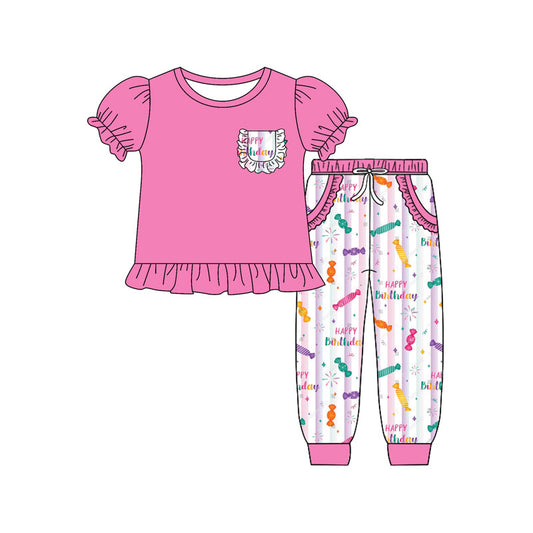 Preorder(moq 8)Baby Girls Pink Ruffle Top Happy Birthday Stripe Pockets Pant Clothes Sets