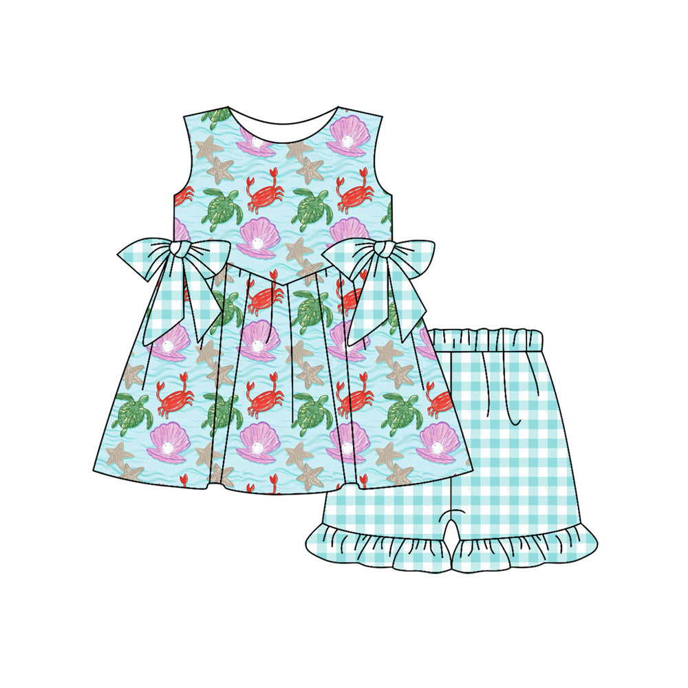 Preorder (moq 5)Baby Girls Sea World Bows Tunic Checked Ruffle Short Clothes Sets