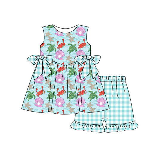 Preorder (moq 5)Baby Girls Sea World Bows Tunic Checked Ruffle Short Clothes Sets