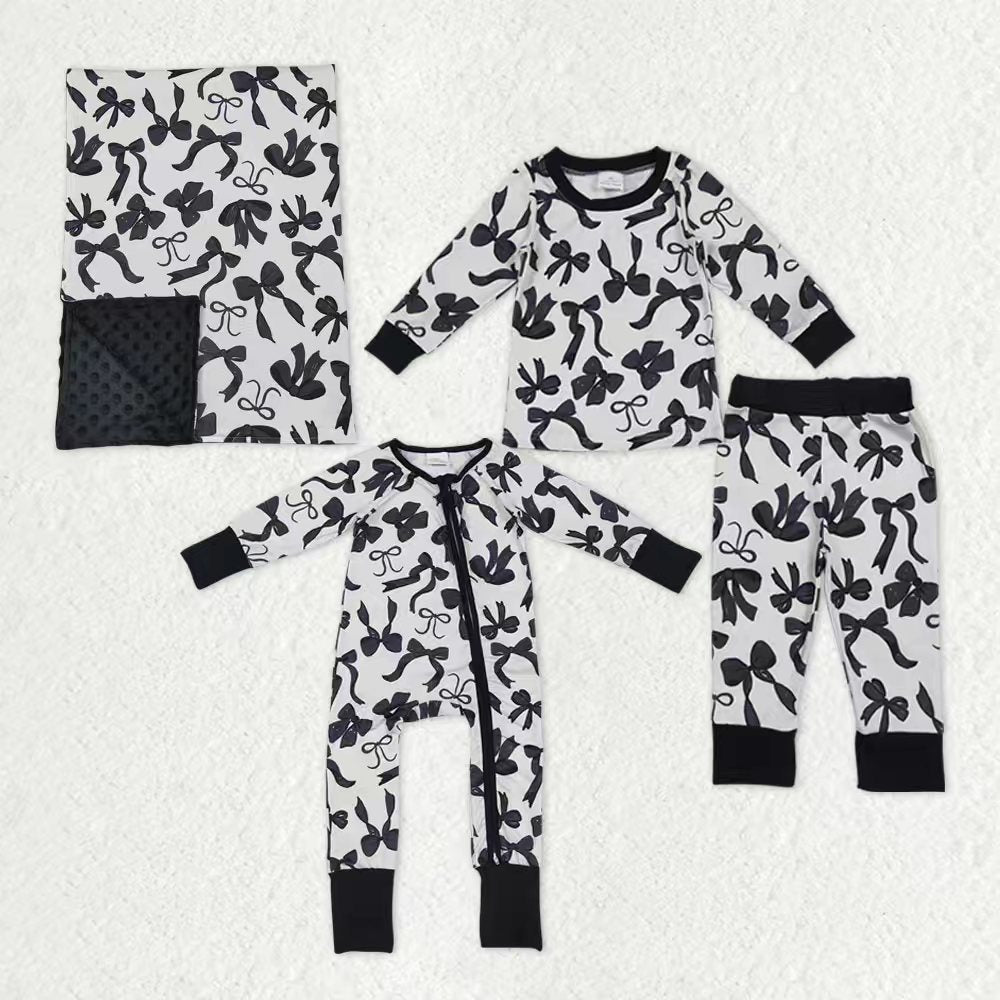 Sibling Baby Kids Black Bows Checked Pajamas Sets Zipper Footie Rompers Blankets