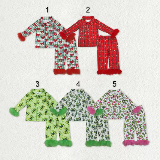 Sibling Baby Girls Sister Christmas Green Face Bows Buttons Top Pants Fur Pajamas Clothes Sets