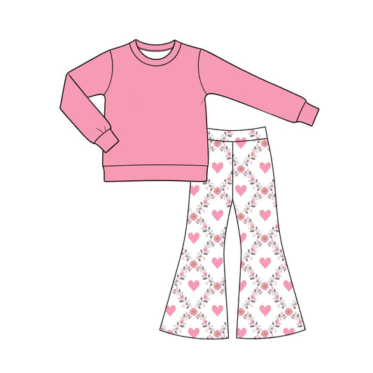 Preorder (moq 5) Baby Girl Clothes Heart Floral Diamond Print Long Sleeve Flare Pant Set