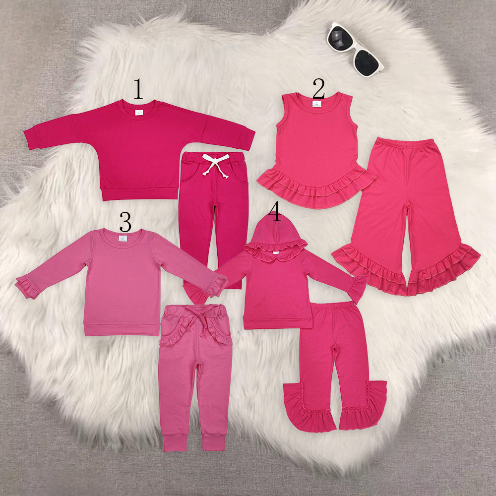 Sibling Baby Girls Hot Pink Pocket Hooded Top Ruffle Pants Clothes Sets