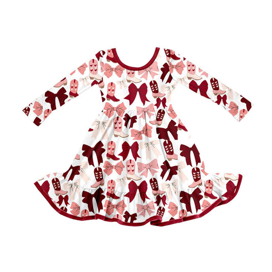 Preorder (moq 5)Baby Girls Red Pink Bows Boots Valentine Ruffle Knee Length Dresses