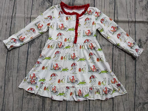 Preorder (moq 5)Baby Girls Long Sleeve Goose Crayfishes Button Ruffle Knee Length Dress