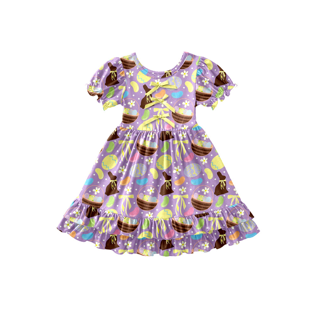 Preorder (moq 5)Baby Girls Rabbits Eggs Flowers Easter Ruffle Knee Length Dresses