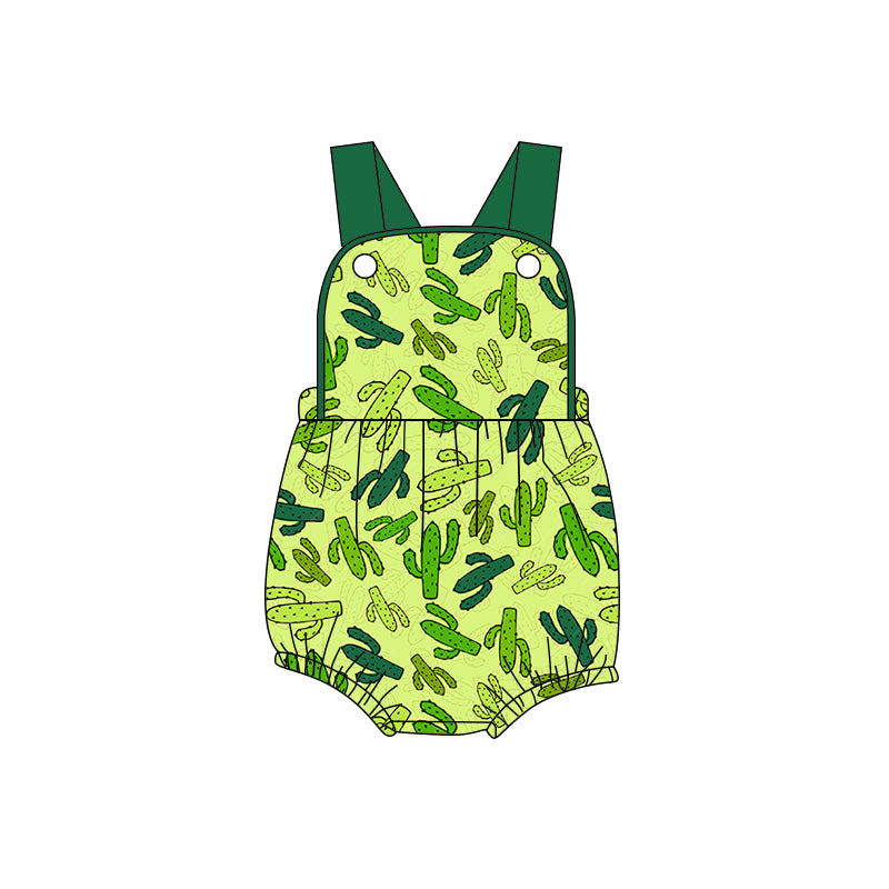 preorder(moq 5) Baby Boys Strap Green Cactus Plaid Western Rompers