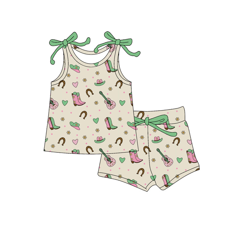 Preorder (moq 5)Baby Girls Heart Hat Boots Guitars Top Shorts Western Clothes Set