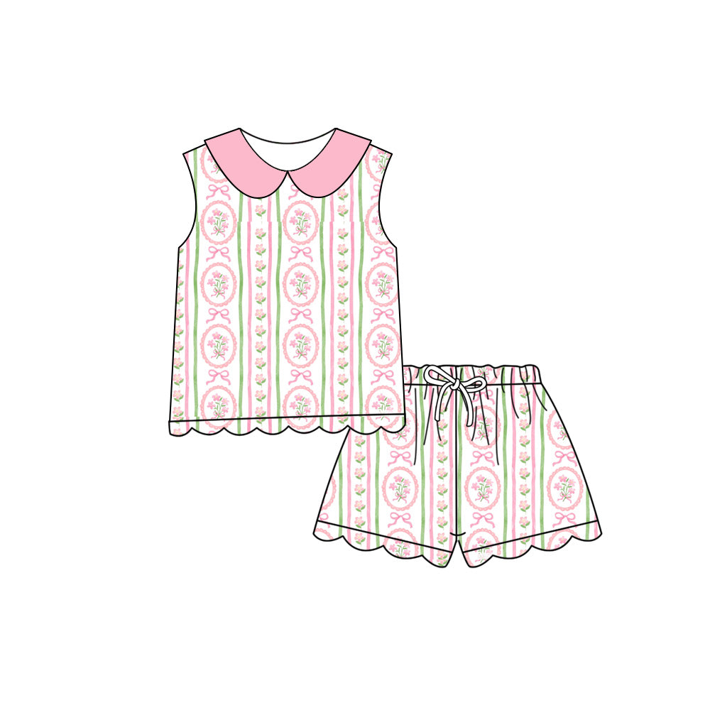 Preorder (moq 5)Baby Girls Bows Flowers Stripe Collar Top Scallop Shorts Clothes Sets