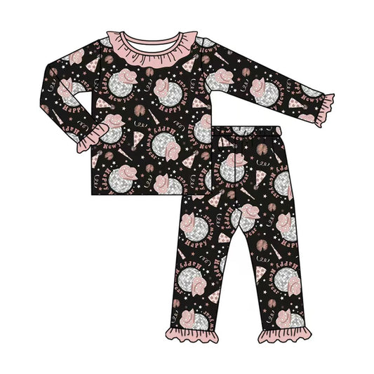 Preorder (moq 20)Baby Girls Bamboo Pink Hats Balls Happy New Year Ruffle Pajamas Sets