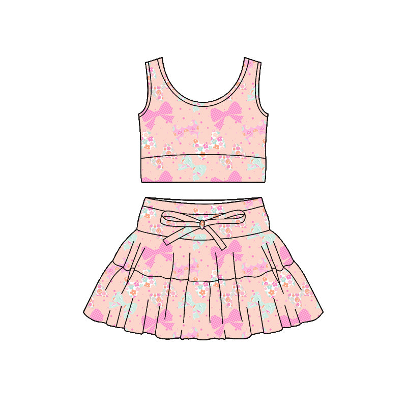 Preorder (moq 5)Baby Girls Sleeveless Colorful Flower Bows Vest Top Skirt Shorts Clothes Sets