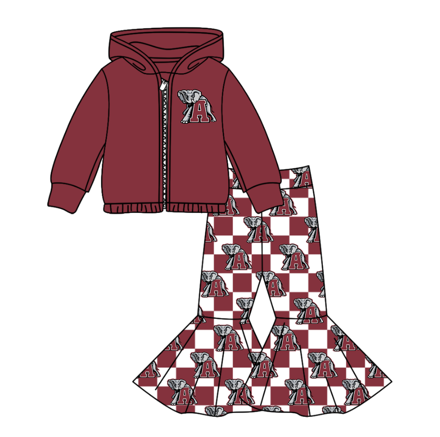 Preorder(moq 5) Baby Girls Red A Elephants Zipper Hoodie Jacket Bell Bottom Pants Team Clothes Sets