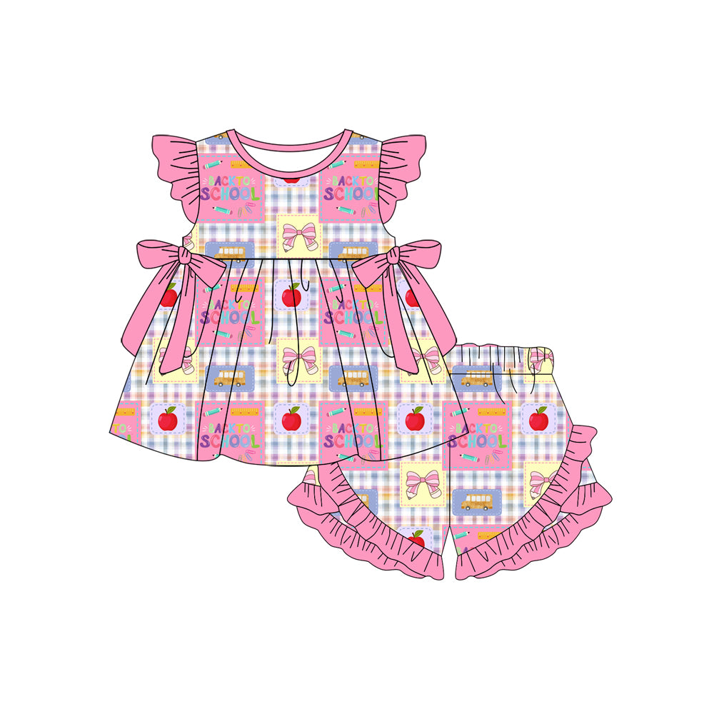 Preorder (moq 5)Baby Girls Pink Checked Pencil Apples Tunic Ruffle Short Back to School Clothes Sets