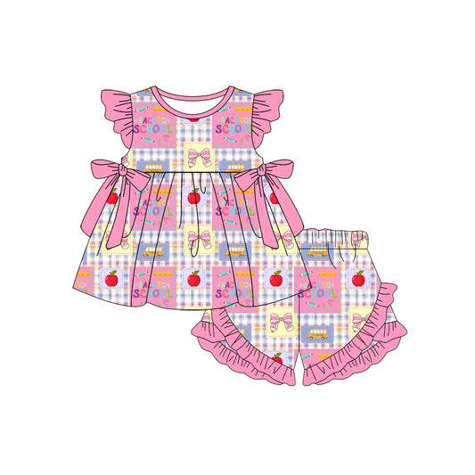 Preorder (moq 5)Baby Girls Pink Checked Pencil Apples Tunic Ruffle Short Back to School Clothes Sets