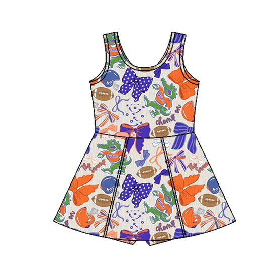 Preorder (moq 5)Baby Girls Bows Footballs Crocodiles Team Shorts Knee Length Dresses
