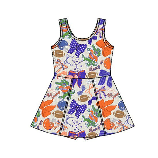 Preorder (moq 5)Baby Girls Bows Footballs Crocodiles Team Shorts Knee Length Dresses