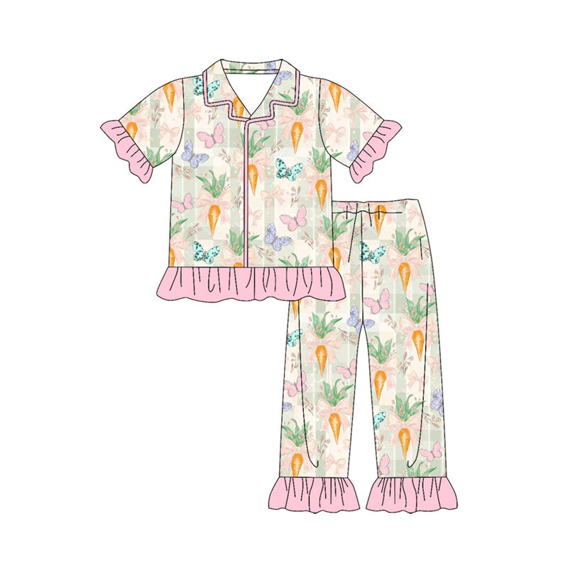 Preorder(moq 8)Baby Girls Bows Carrots Butterfly Checked Button Top Ruffle Pants Easter Pajamas Sets