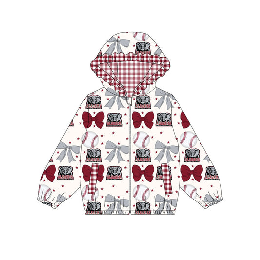 Preorder(moq 8)Baby Girls Grey Red Bows Alabama Pocket Zipper Team Ruffle Hoodies Jackets